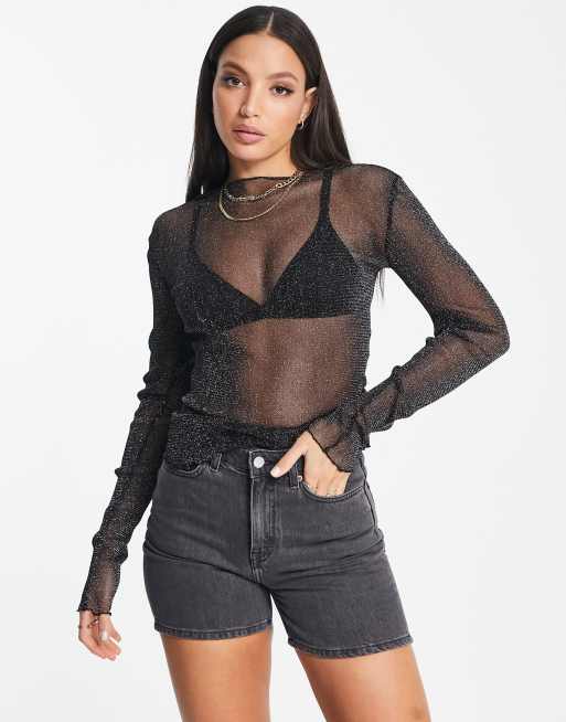 Top negro con purpurina y bordes ondulados de malla de Pieces Tall, 3 de 4