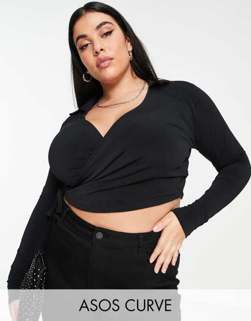 Top negro cruzado con solapas de ASOS DESIGN Curve