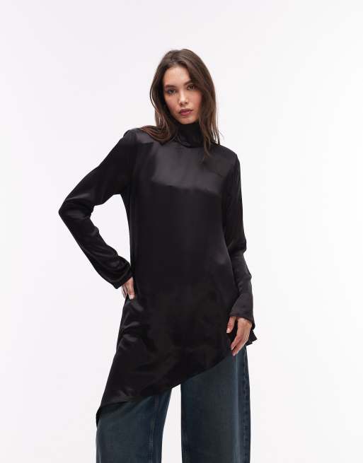 Top negro de corte asimétrico alargado con cuello alzado de satén de ASOS DESIGN, 2 de 4