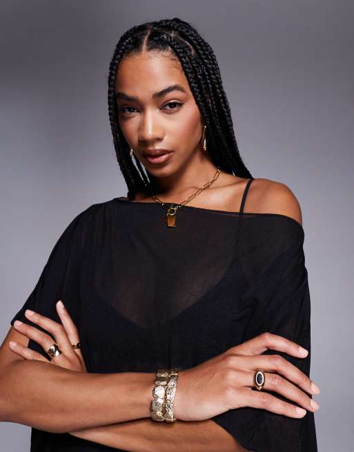 Top negro de corte holgado alargado con hombro caído de malla transparente de ASOS DESIGN, 2 de 4