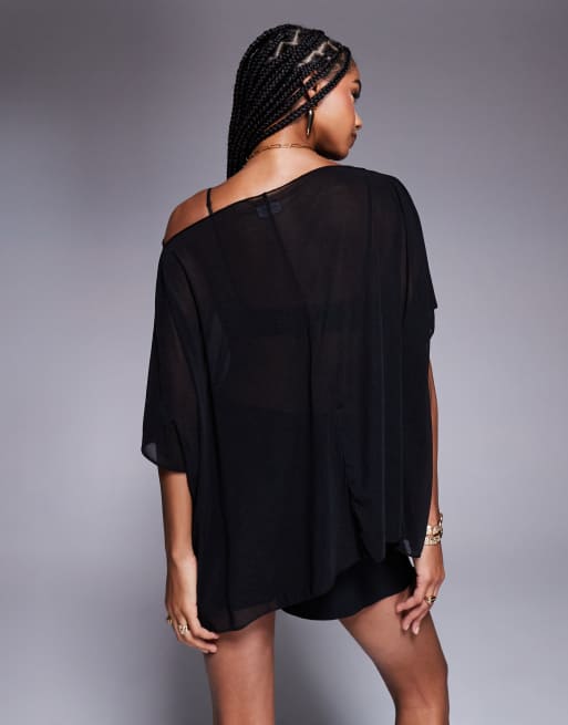 Top negro de corte holgado alargado con hombro caído de malla transparente de ASOS DESIGN, 4 de 4