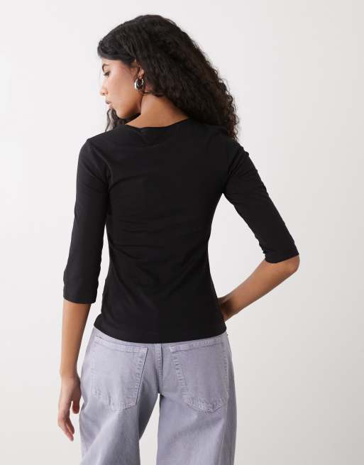 Top negro de corte slim con manga tres cuartos de Weekday, 3 de 4
