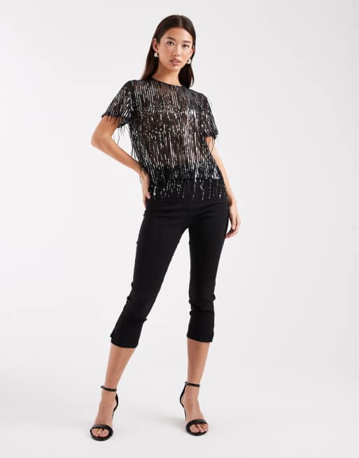 Top negro de malla con flecos de lentejuelas de ONLY, 3 de 4