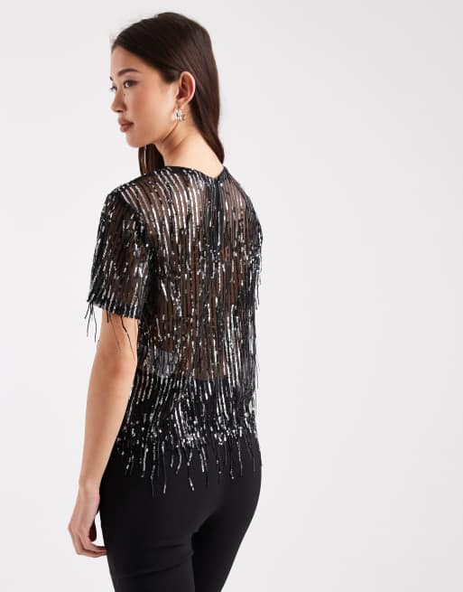 Top negro de malla con flecos de lentejuelas de ONLY, 4 de 4