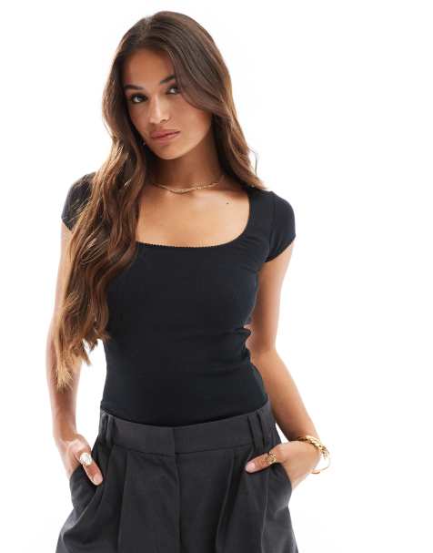 Top negro de manga corta con ribete de puntilla de Cotton On - view 1