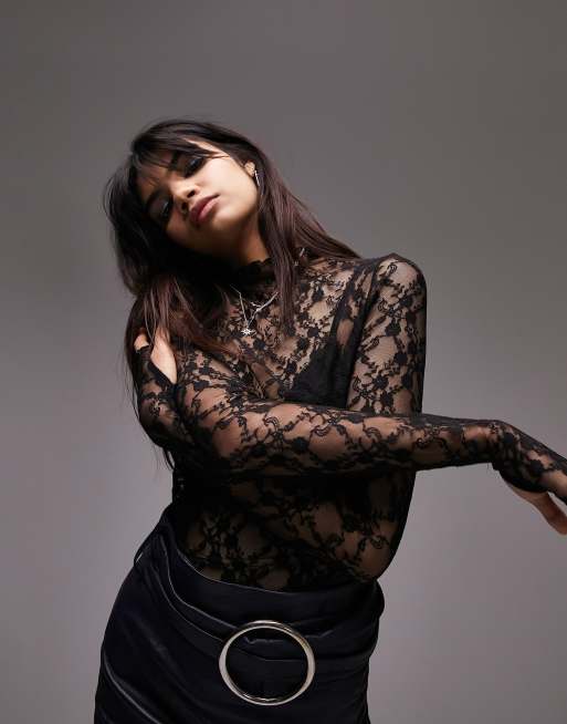 Top negro de manga larga con cuello alto encaje de Topshop |