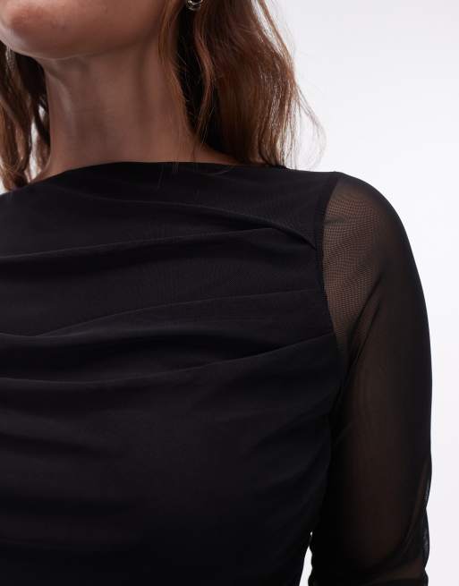 Top negro de manga larga con cuello barco y diseño drapeado de malla de ASOS DESIGN Curve, 3 de 4