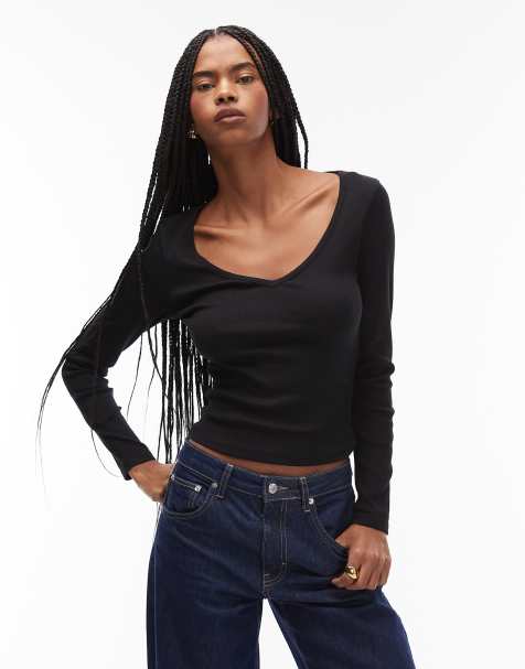Top negro de manga larga con cuello de pico de canalé de ASOS DESIGN - view 1