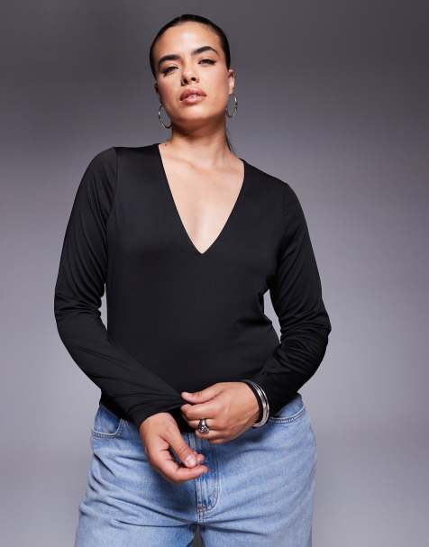 Top negro de manga larga con cuello de pico pronunciado de tejido doble de ASOS DESIGN Curve - view 1