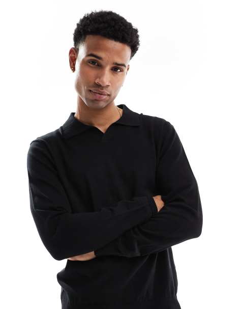 Top negro de manga larga con cuello de solapas de punto de Threadbare - view 1