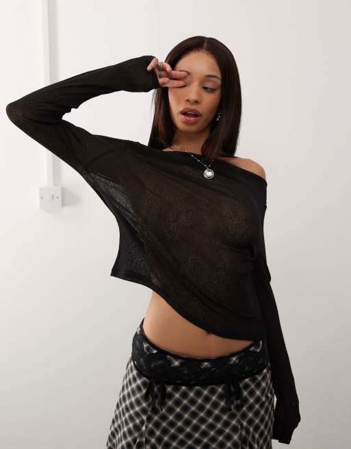 Top negro de manga larga con cuello desbocado de malla de Reclaimed Vintage 