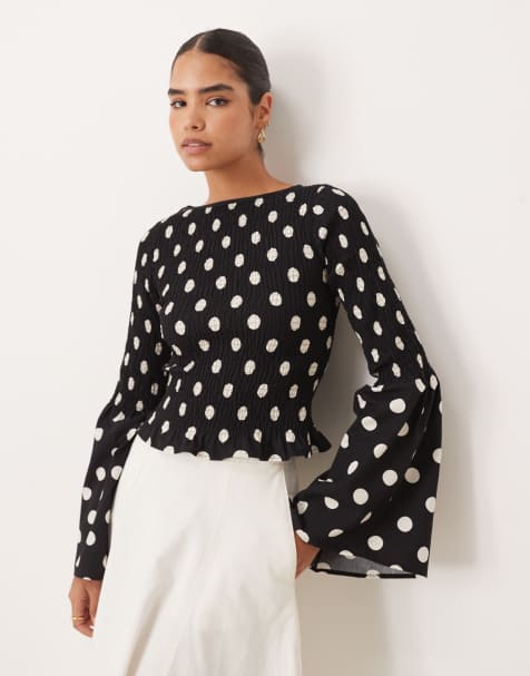 Top negro de manga larga con cuerpo fruncido y estampado de lunares de ASOS DESIGN - view 1