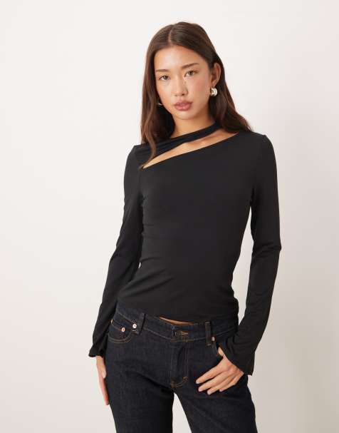 Top negro de manga larga con detalle de abertura de tejido de algodón suave al tacto de ASOS DESIGN - view 1
