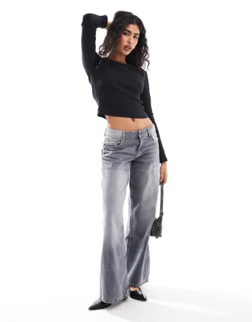 Top negro de manga larga con detalle de tachuelas de ASOS DESIGN, 3 de 4