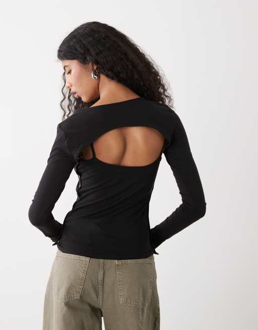 Top negro de manga larga con detalle estilo bolero de Weekday, 3 de 4