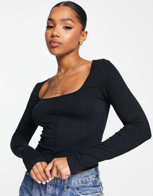 Top negro de manga larga con detalle tipo corsé de New Look
