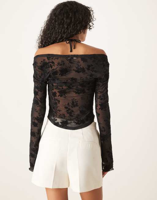 Top negro de manga larga con diseño floral flocado de malla transparente de ASOS DESIGN, 4 de 4