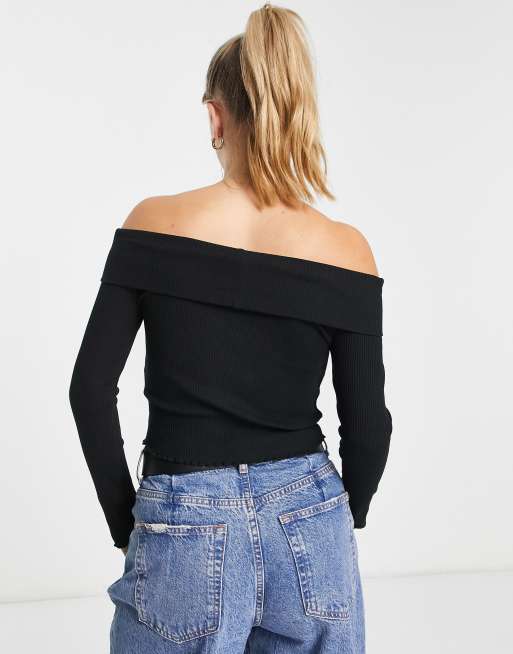 Top negro de manga larga con escote Bardot de canalé de New Look, 2 de 4