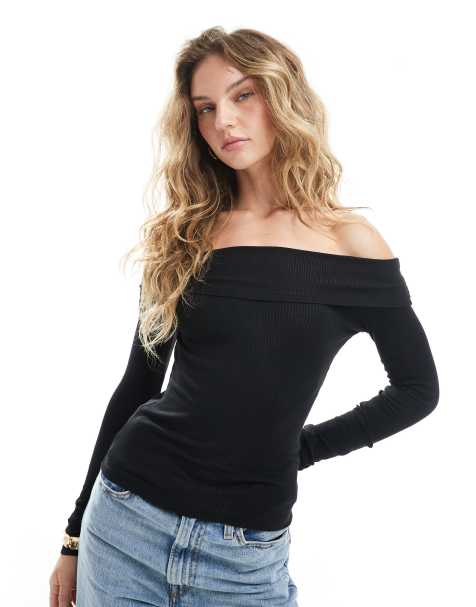 Top negro de manga larga con escote Bardot de punto fino de Brave Soul - view 1