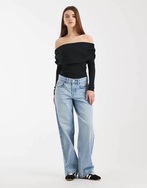 Top negro de manga larga con escote Bardot plegado de tejido suave de ASOS DESIGN, 4 de 4