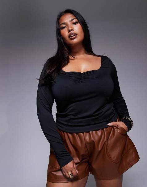 Top negro de manga larga con escote corazón de tejido doble de ASOS DESIGN Curve - view 1