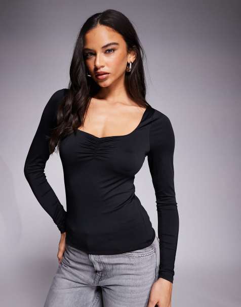 Top negro de manga larga con escote corazón de tejido doble de ASOS DESIGN - view 1