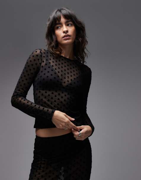 Top negro de manga larga con estampado de lunares de malla transparente de ASOS DESIGN - view 1
