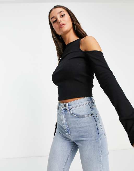 garra dormir Conductividad Top negro de manga larga con hombros descubiertos de ASOS DESIGN Tall | ASOS