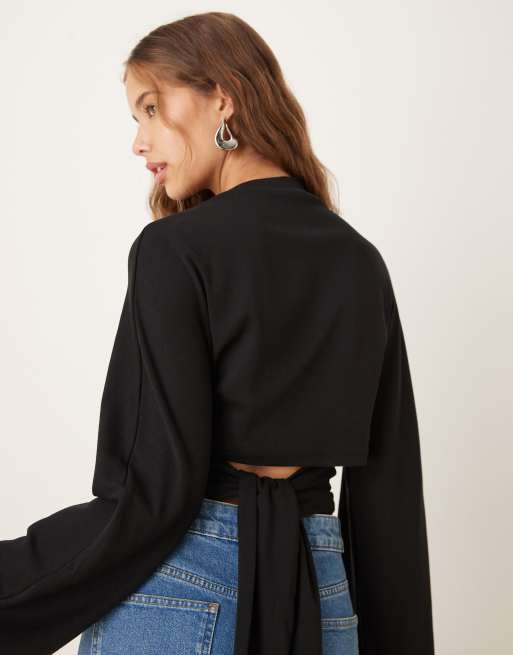 Top negro de manga larga con lazada trasera de Gina Tricot, 4 de 4