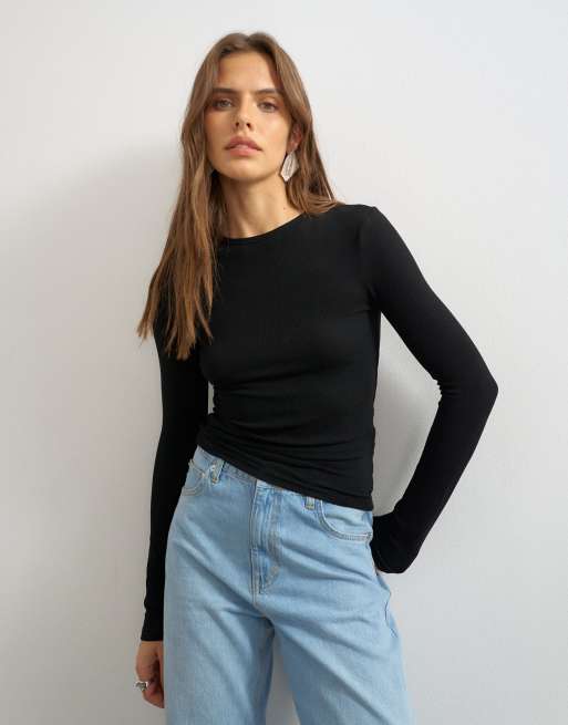 Top negro de manga larga de canalé premium de Topshop, 2 de 4