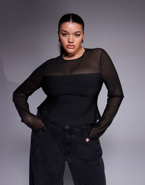 Top negro de manga larga de estilo bandage con panel de malla de ASOS DESIGN Curve - view 1