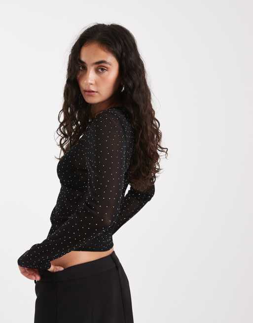Top negro de manga larga de malla texturizada con strass termosellado de ASOS DESIGN, 3 de 4