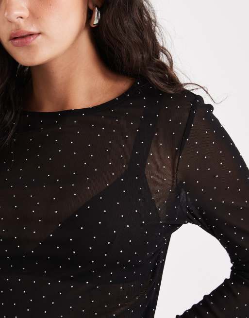 Top negro de manga larga de malla texturizada con strass termosellado de ASOS DESIGN, 4 de 4