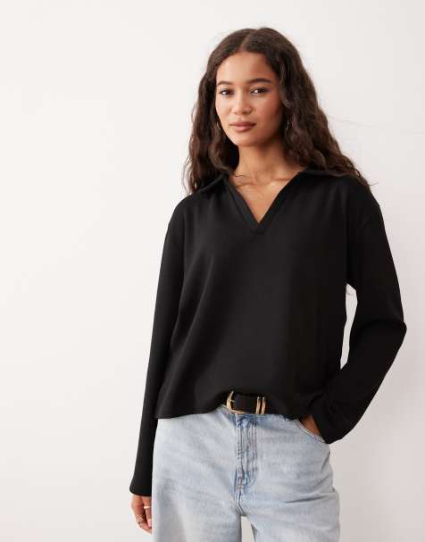 Top negro de manga larga y cuello de solapas estilo rugby de punto de ASOS DESIGN - view 1