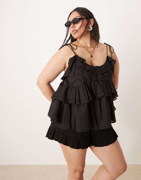 Top negro de tirantes anudados con volantes de ASOS DESIGN Curve - view 1