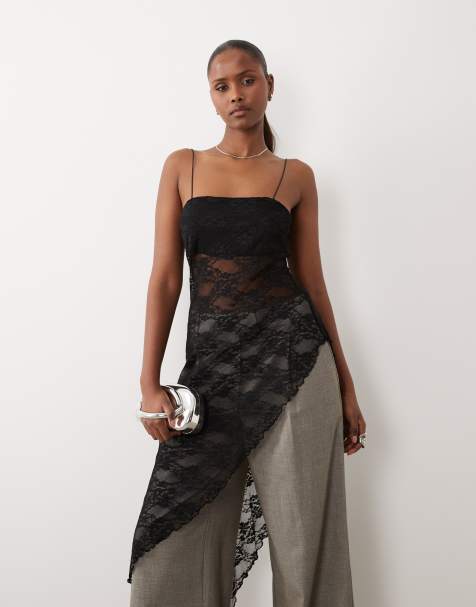 Top negro de tirantes con bajo asimétrico de encaje de ASOS DESIGN - view 1