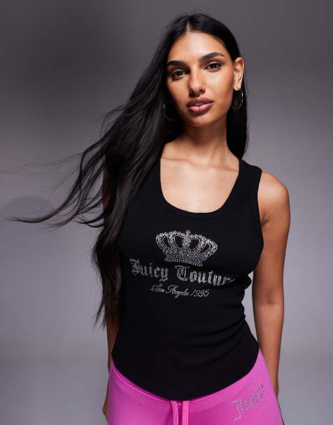 Top negro de tirantes de canalé con logo de corona gótica de strass de Juicy Couture - view 1