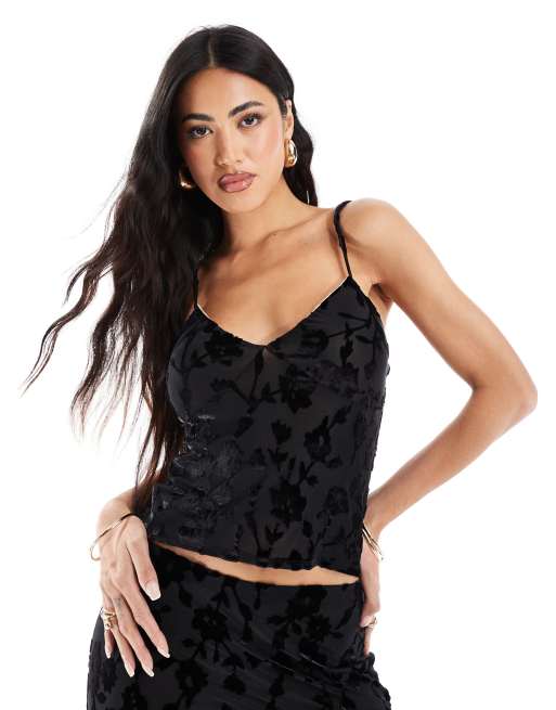 Top negro de tirantes de devoré de ASOS DESIGN (parte de un conjunto)
