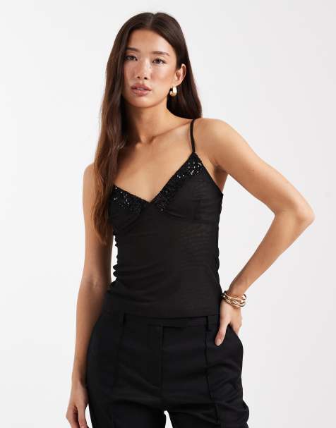 Top negro de tirantes de malla con ribete de lentejuelas de ASOS DESIGN - view 1