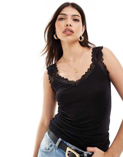 Top negro de tirantes de punto con ribete de encaje de Vero Moda - view 1