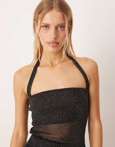Top negro efecto purpurina con cuello halter de malla de ASOS DESIGN - view 1