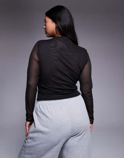 Top negro entallado de manga larga con cuello alto de malla de dos capas de ASOS DESIGN Curve, 3 de 4