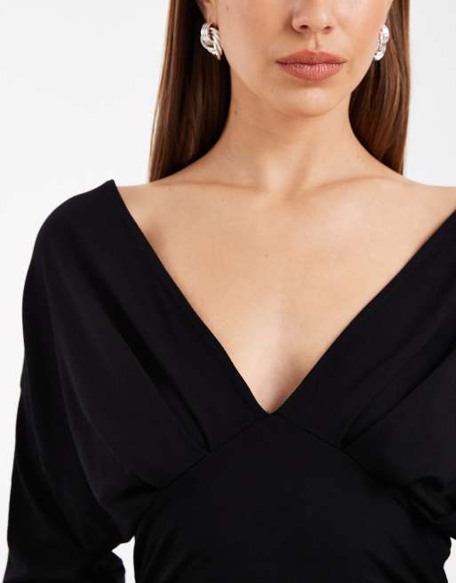 Top negro escotado con mangas murciélago y cintura ceñida de ASOS DESIGN, 3 de 4
