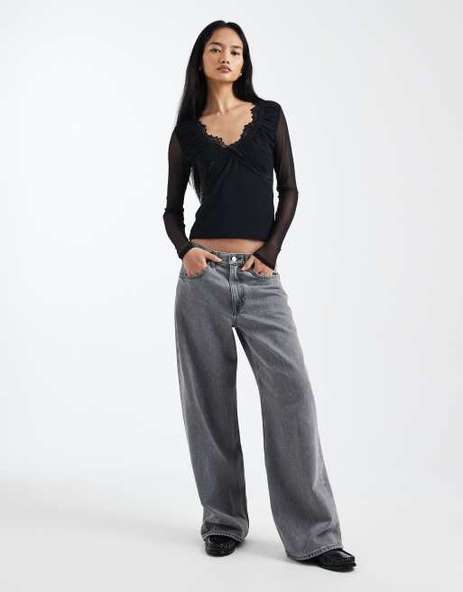 Top negro escotado de manga larga de malla con ribete de encaje de ASOS DESIGN, 3 de 4