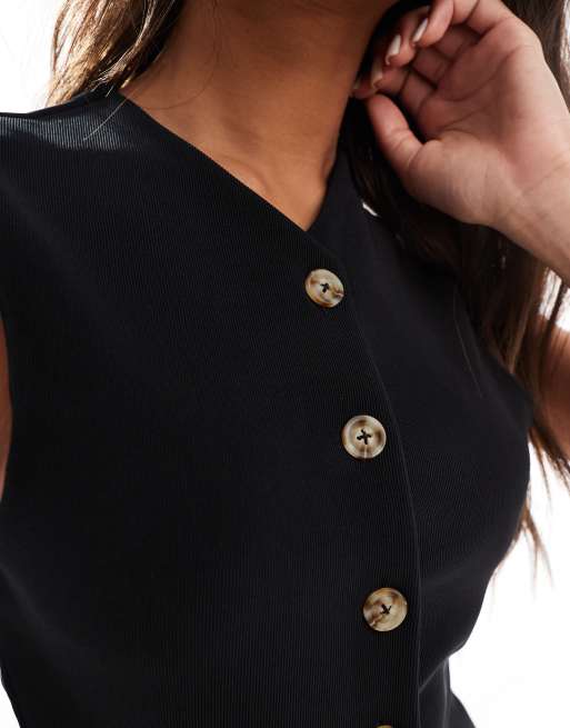 Top negro estilo chaleco de corte alargado con cuello de pico y botones de canalé de ASOS DESIGN (parte de un conjunto), 4 de 4