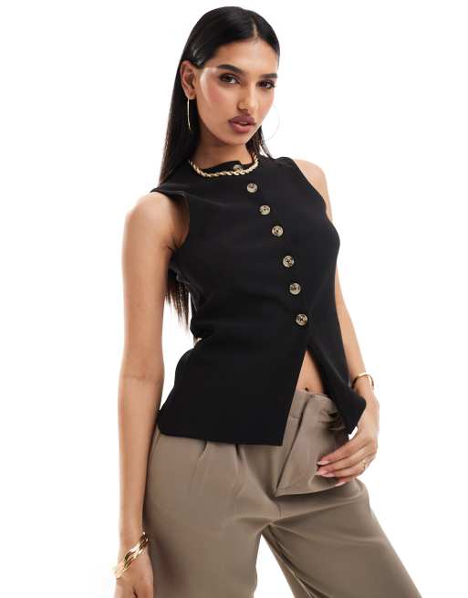 Top negro estilo chaleco de traje abotonado de corte alargado de ASOS DESIGN