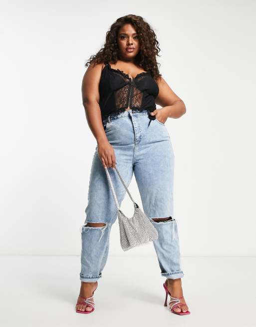 Top negro estilo corsé con detalle de liguero de encaje de ASOS DESIGN  Curve | ASOS