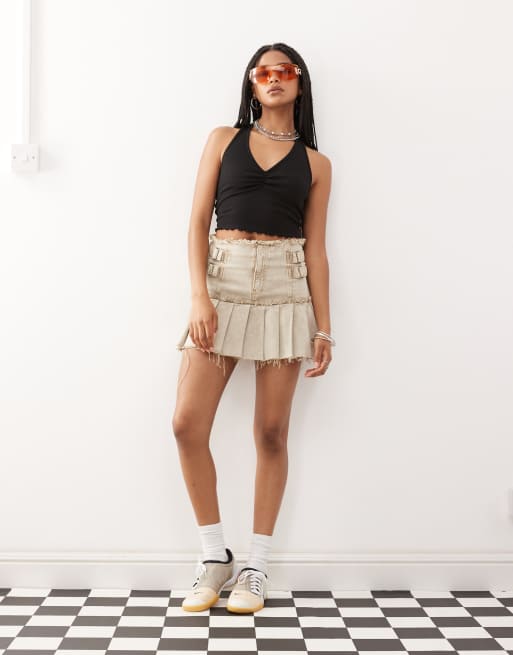 Top negro fruncido con cuello halter de canalé de Reclaimed Vintage, 3 de 4