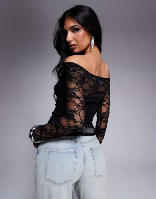 Top negro fruncido con escote Bardot de malla de encaje de ASOS DESIGN, 4 de 4