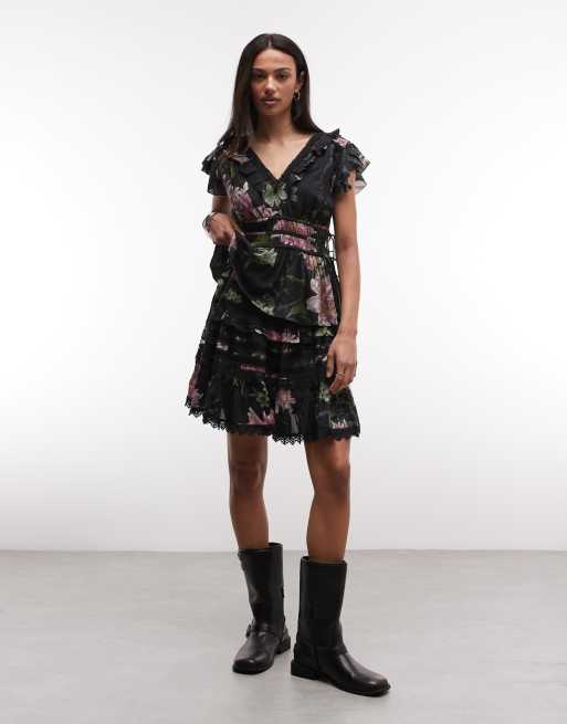 Top negro fruncido con estampado floral de encaje Canto de AllSaints (parte de un conjunto), 2 de 4